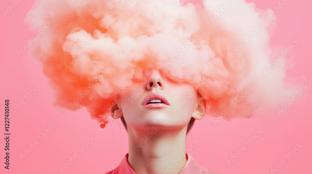 Creative portrait of a woman with vibrant pink smoke clouds against a bright background. Creative portrait of a woman with vibrant pink smoke clouds against a bright background.