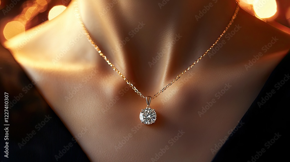 A luxury natural diamond pendant hanging elegantly from a gold chain, resting on a woman's neck with a glowing background. A luxury natural diamond pendant hanging elegantly from a gold chain, resting on a woman's neck with a glowing background.
