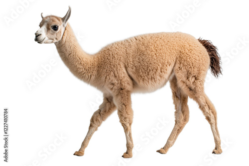 Small brown llama is walking on a white background
