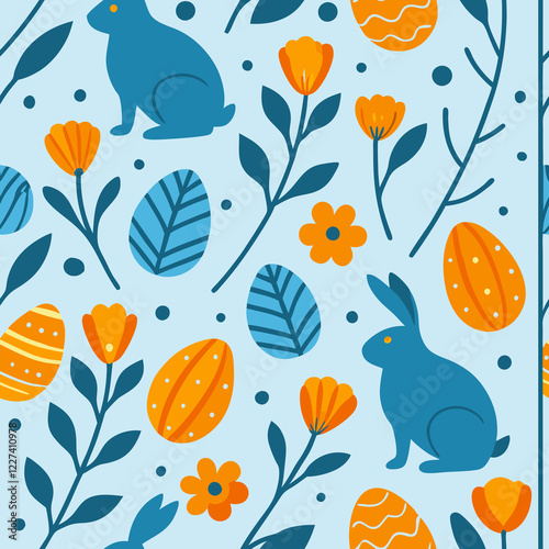 Blue and orange seamless pattern with easter rabbits in the garden. on light blue background.