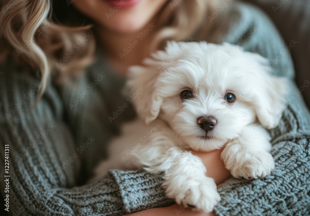 A woman is holding a white puppy in her arms A woman is holding a white puppy in her arms