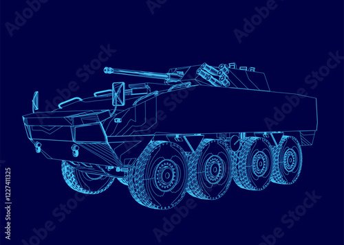 Blue drawing of a tank with a large gun on top. The tank is shown in a stylized way, with the wheels and tires visible. Scene is one of strength and power