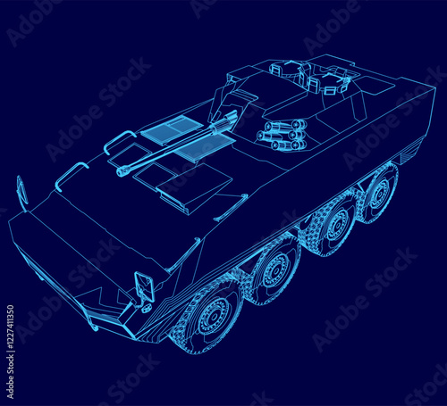 Blue drawing of a tank with a gun on top. The tank is shown in a blue color