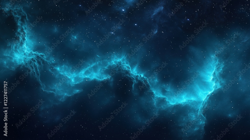 Fototapeta premium Glowing blue nebula in deep space with scattered stars and cosmic dust
