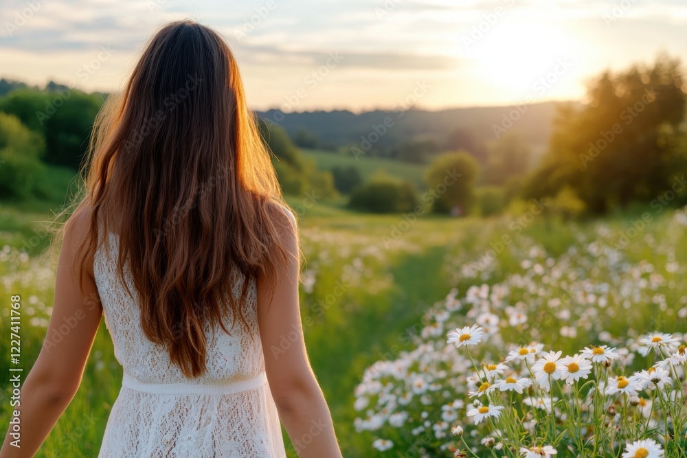 A woman walks gracefully through a meadow filled with vibrant flowers, embracing nature's beauty while the sun begins to set in a stunning landscape. A woman walks gracefully through a meadow filled with vibrant flowers, embracing nature's beauty while the sun begins to set in a stunning landscape.