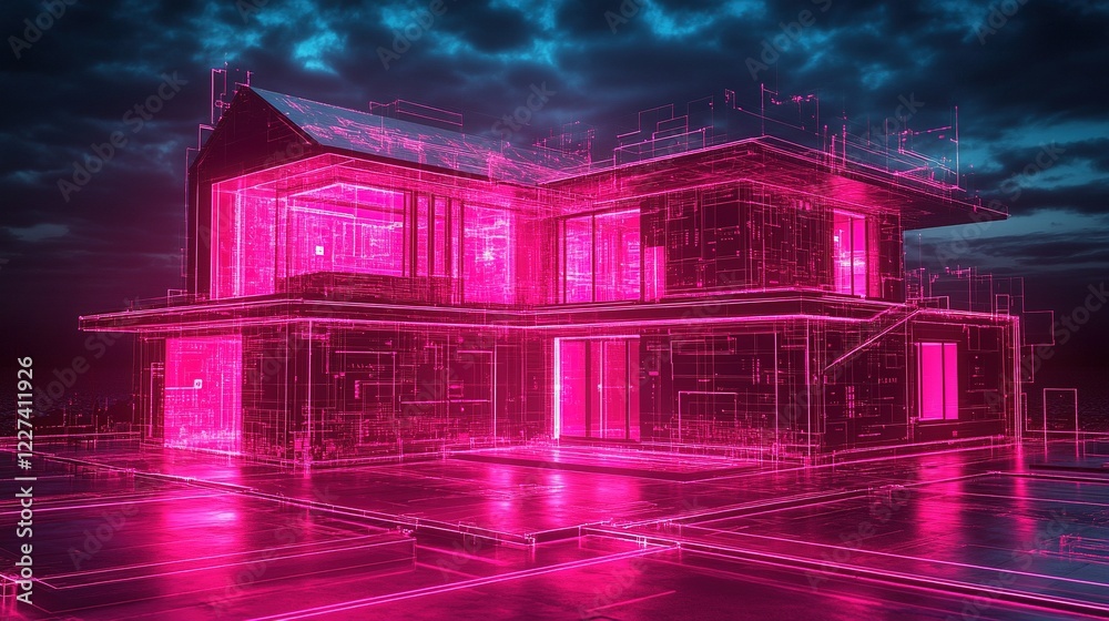 Obraz premium Glowing pink digital house blueprint at night with city backdrop