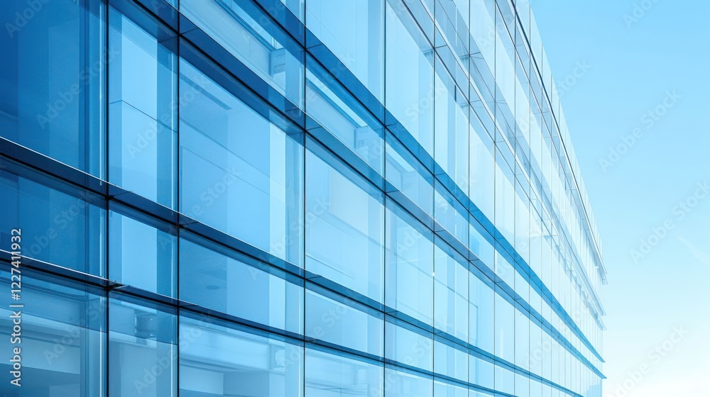 Modern glass building reflecting blue sky with clear lines and minimalistic design Modern glass building reflecting blue sky with clear lines and minimalistic design