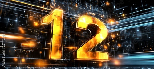 Glowing Futuristic Digital Number 12 on Abstract Background with Light Streaks, Big Data Concept photo