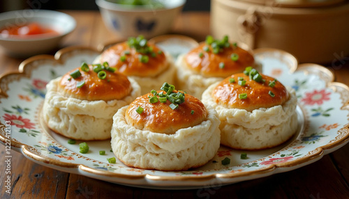 Lightly browned bao buns on an oval dish