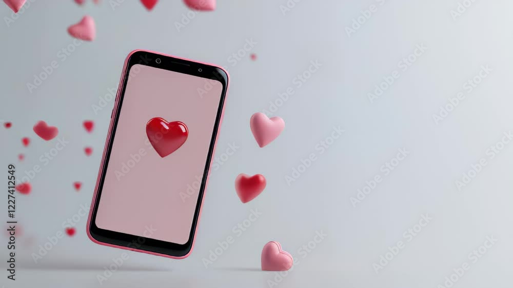 slow motion video of a Pink smartphone showing heart icon surrounded by floating hearts on white background slow motion video of a Pink smartphone showing heart icon surrounded by floating hearts on white background