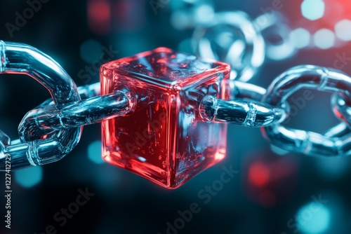 A 3D-rendered image of a floating red block separated from a group of blue blocks connected by chains, symbolizing exclusion through disconnection