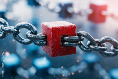 A 3D-rendered image of a floating red block separated from a group of blue blocks connected by chains, symbolizing exclusion through disconnection