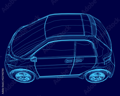Blue car outline. The car is shown in a 3D format