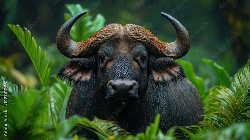 Naklejka premium A Wet Buffalo Stands Amid Lush Greenery with Rain Falling from Above in the Jungle