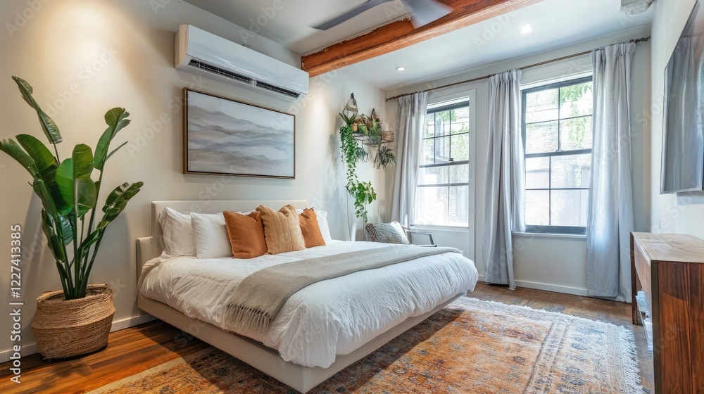Fototapeta premium A modern Airbnb rental with a wall-mounted air conditioner as a feature for guest comfort.