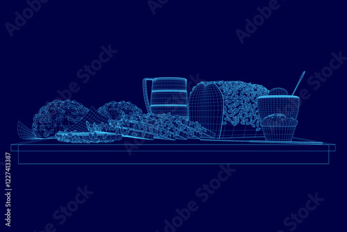Blue drawing of a table with a bunch of cups and a spoon. The cups are arranged in a row and the spoon is placed on the right side of the table. Scene is casual and relaxed