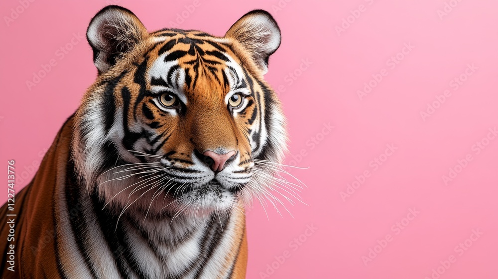 Obraz premium Captivating portrait of a majestic tiger with striking orange and black stripes against a vibrant pink background