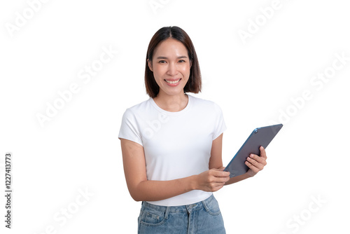 An Asian - Thai portrait young woman with white shirt showcase with her tablet photo