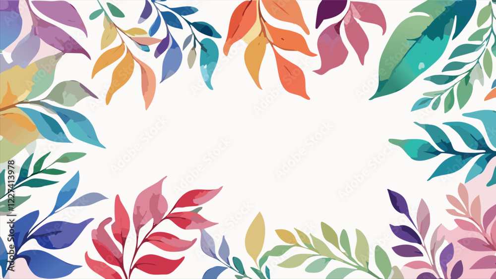 Fototapeta premium Rainbow colors, watercolor leaf frame, simple botanical design, in white background, with empty space fro text, vector illustration.