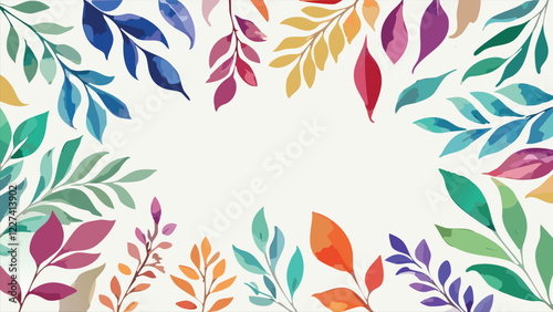 Rainbow colors, watercolor leaf frame, simple botanical design, in white background, with empty space fro text, vector illustration.