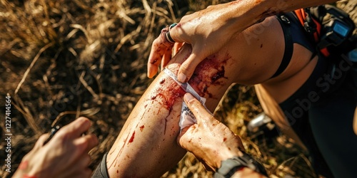 Serious injury treatment on a leg during outdoor activity