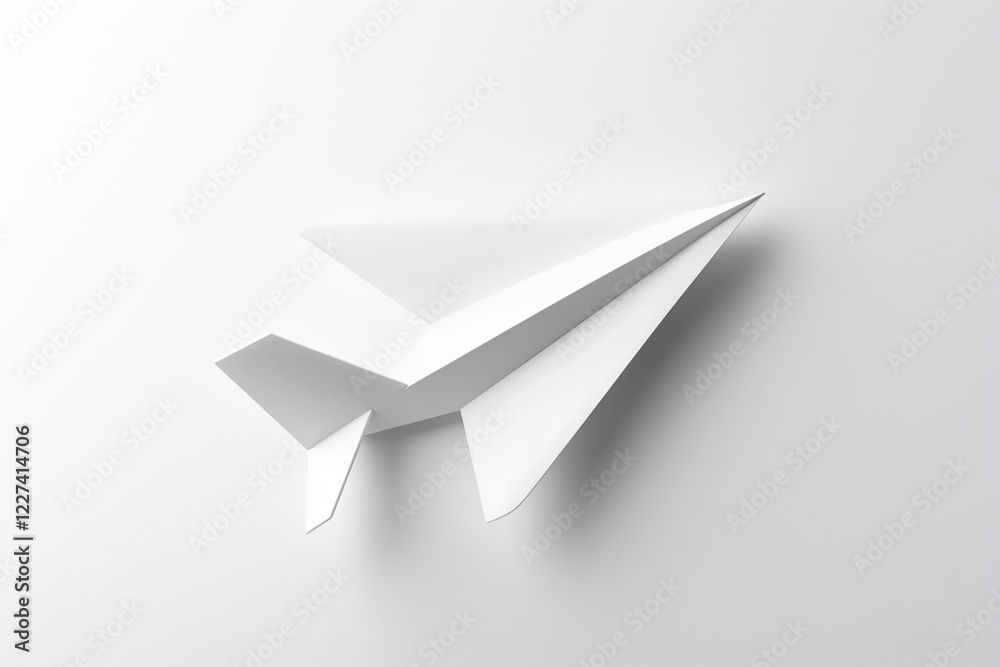 Fototapeta premium Soft daylight illuminates a simple paper airplane shape hovering against a neutral white backdrop. This scene captures the notion of exploration and lightness, emphasizing travel simplicity