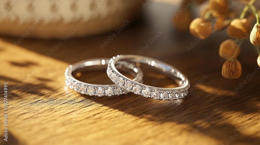 A pair of diamond wedding bands on a wooden table with soft natural light, evoking a timeless elegance. A pair of diamond wedding bands on a wooden table with soft natural light, evoking a timeless elegance.