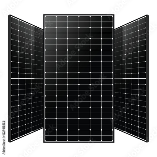 Three solar panels arranged in a semi-circular formation against a white background. Grid-patterned photovoltaic cells highlight advanced renewable energy technology and efficiency.