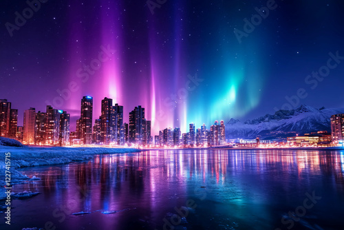 City Streets Illuminated by Aurora Borealis: A Stunning View of the Northern Lights Dancing Above Urban Streets, Creating a Mesmerizing Blend of City and Natural Light photo