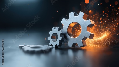 Floating metal gears with glowing sparks on a reflective surface
