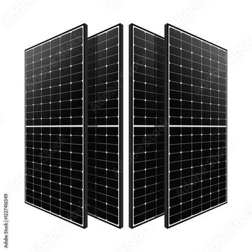 Four solar panels arranged in a mirrored, symmetrical configuration. The sleek, modern design of each panel, with its grid of photovoltaic cells. Isolated on White Background