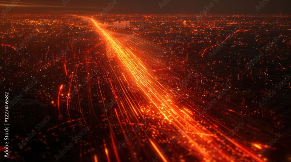 Fototapeta premium Aerial view of a vibrant cityscape illuminated by flowing lava-like lights at night