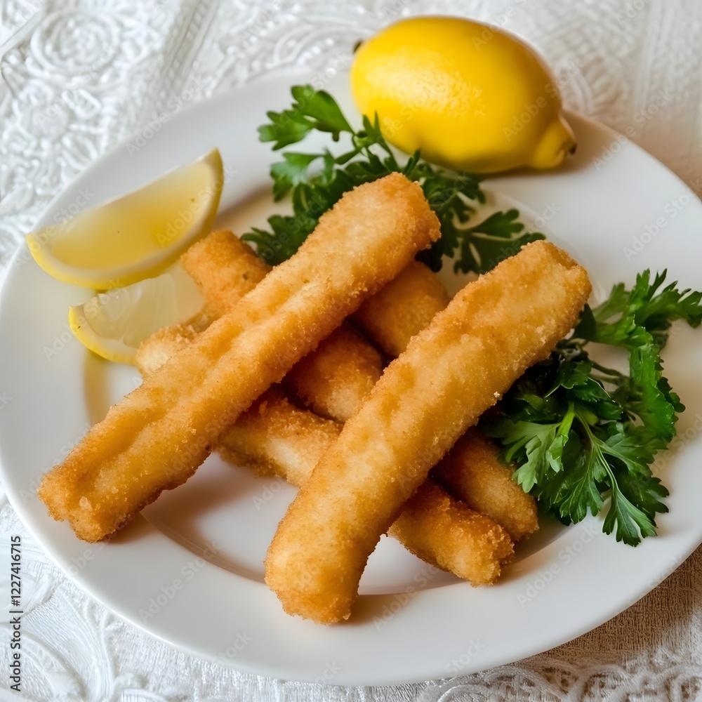 Crispy Fried fish fishsticks seafood with lemon and parsley on a lunch plate Crispy Fried fish fishsticks seafood with lemon and parsley on a lunch plate