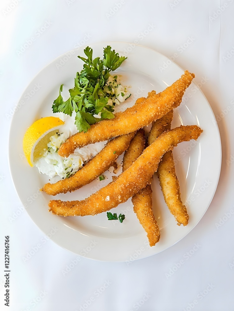 Fried fish fishsticks gourmet  seafood with lemon and parsley on a plate