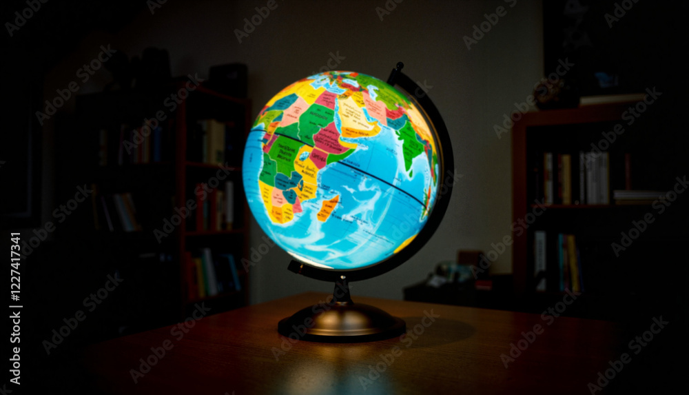Radiant globe illuminating study room during twilight, Earth Hour concept Radiant globe illuminating study room during twilight, Earth Hour concept