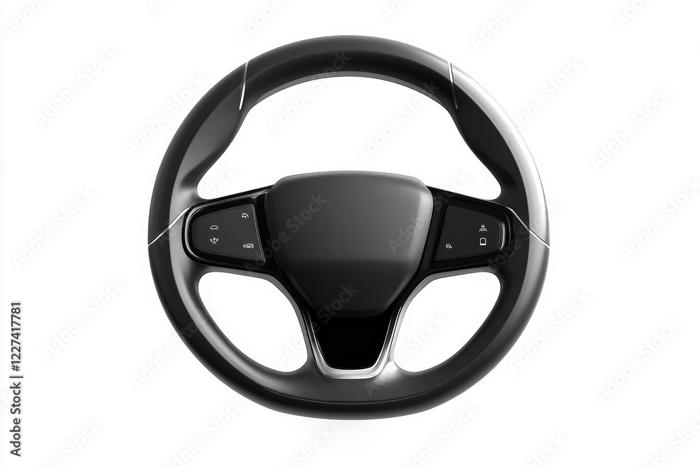 Close up of a steering wheel with a black rim and a black center Close up of a steering wheel with a black rim and a black center