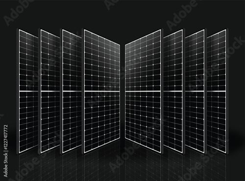 Eight solar panels arranged in a semi-circular formation against a dark background. The grid-patterned photovoltaic cells showcase advanced renewable energy technology.