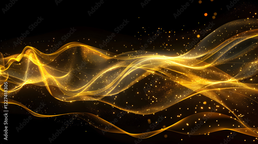 Fototapeta premium Abstract golden waves with sparkling particles on a dark background.