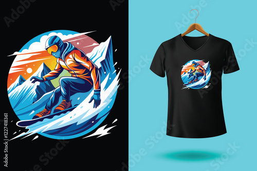 Winter sports t shirt design vector illustration, Snowboarder is having fun riding down a snowy mountainside in a cool, vintage style illustration. This design is perfect for winter sports enthusiasts