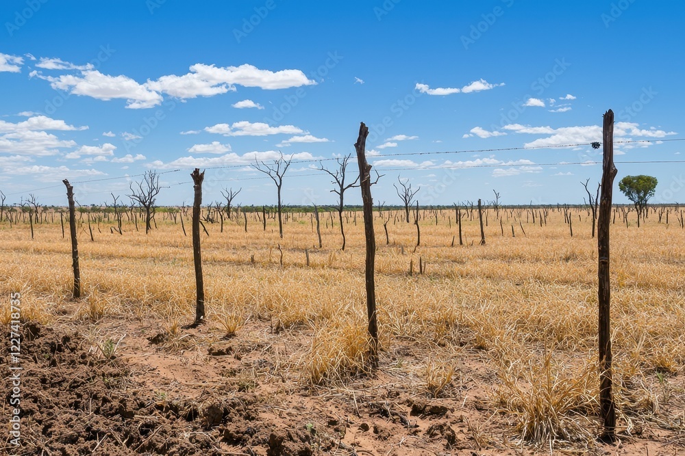 A severe drought affecting farmland, with cracked earth and wilted crops under a scorching sun.