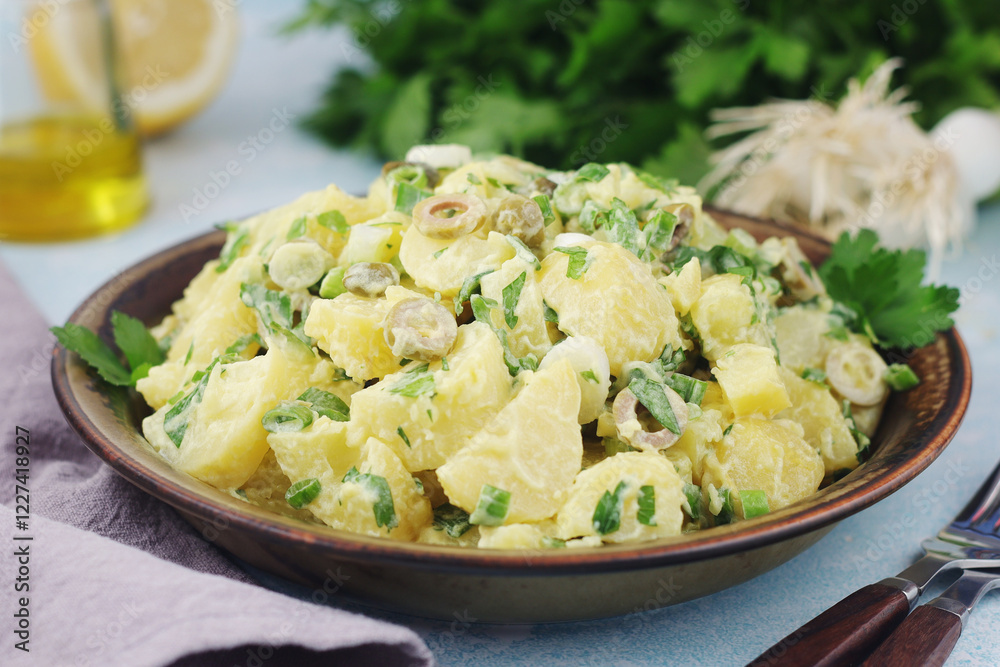 A bowl with Greek potato salads A bowl with Greek potato salads