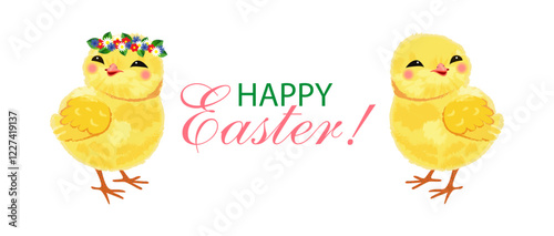Cute Easter chicks with floral wreath. Happy Easter greeting card with adorable yellow baby chickens, spring flowers, and festive typography on white background. Vector