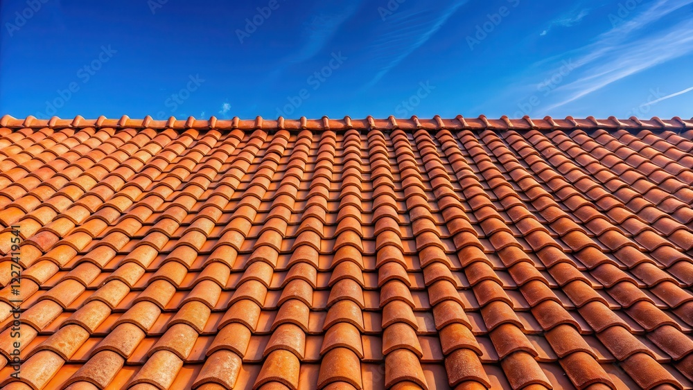 Weathered red tile roof under midday sunlight on blue sky background , natural light, red, natural light, red, outdoor Weathered red tile roof under midday sunlight on blue sky background , natural light, red, natural light, red, outdoor