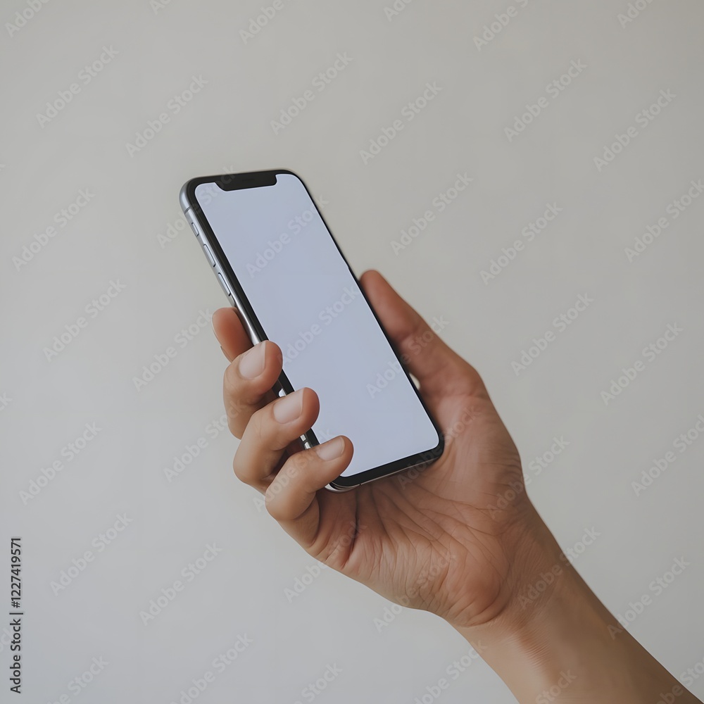 Photo of a hand holding a mobile phone. Plain white color is displayed on the smartphone. Photo of a hand holding a mobile phone. Plain white color is displayed on the smartphone.