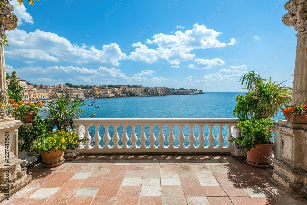 Fototapeta premium Coastal balcony view, Mediterranean sea, Italian town, sunny day, vacation
