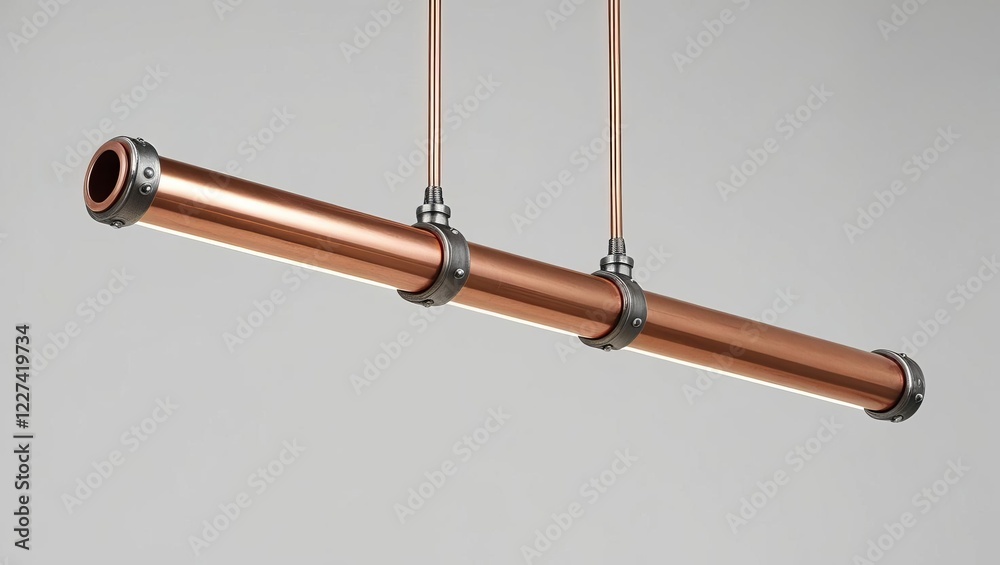 Upcycling recycling transformation. A sleek, modern copper pendant light with three sections, suspended by cables against a clean backdrop, showcasing industrial design aesthetics. Upcycling recycling transformation. A sleek, modern copper pendant light with three sections, suspended by cables against a clean backdrop, showcasing industrial design aesthetics.