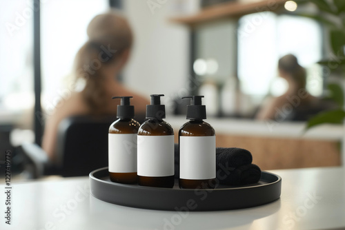 Closeup of Mockup Shampoo and Conditioner Bottles in Hair Salon