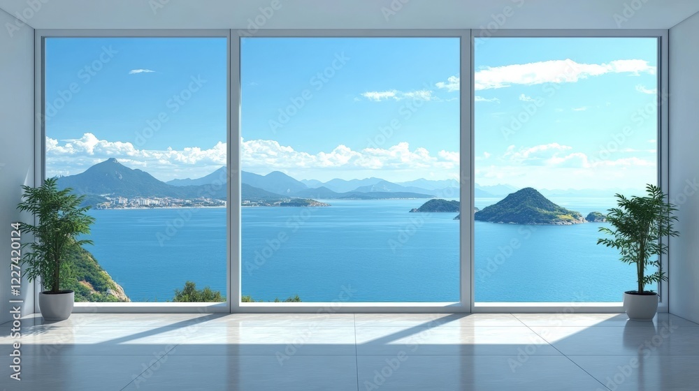 Fototapeta premium Bright Modern Interior with Large Floor-to-Ceiling Window Framed in White, Offering Scenic View of Mountains and Water