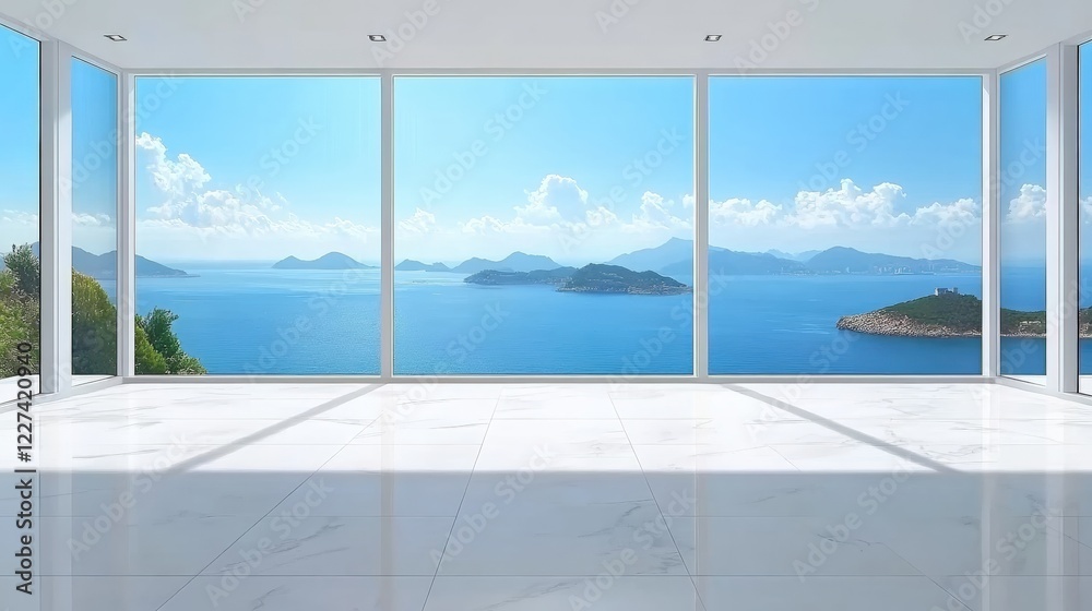 Bright and Spacious Room with Large Floor to Ceiling Windows Showcasing Stunning Ocean View and White Framed Glass Panels Bright and Spacious Room with Large Floor to Ceiling Windows Showcasing Stunning Ocean View and White Framed Glass Panels