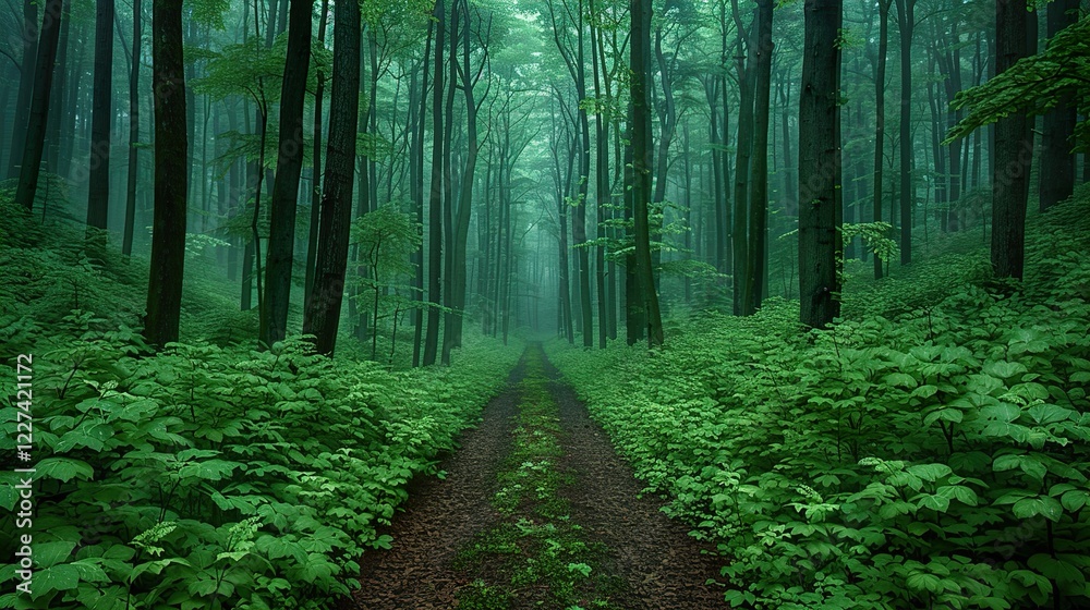 Obraz premium A dense evergreen forest with towering trees in 4K HD 8K wallpaper Photographic Image